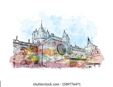 Building view with landmark of Evora is the capital of Portugal's south-central Alentejo region. Watercolor splash with hand drawn sketch illustration in vector.