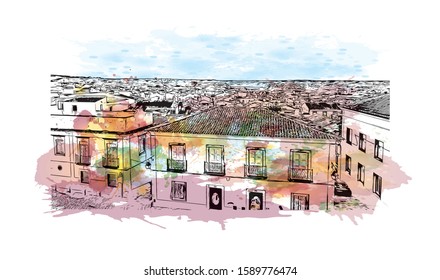 Building view with landmark of Evora is the capital of Portugal's south-central Alentejo region. Watercolor splash with hand drawn sketch illustration in vector.