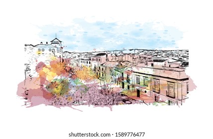 Building view with landmark of Evora is the capital of Portugal's south-central Alentejo region. Watercolor splash with hand drawn sketch illustration in vector.