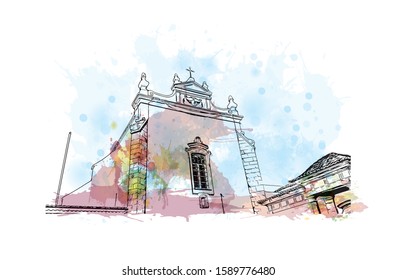 Building view with landmark of Evora is the capital of Portugal's south-central Alentejo region. Watercolor splash with hand drawn sketch illustration in vector.