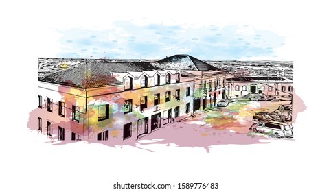 Building view with landmark of Evora is the capital of Portugal's south-central Alentejo region. Watercolor splash with hand drawn sketch illustration in vector.