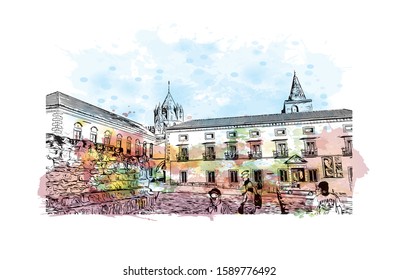 Building view with landmark of Evora is the capital of Portugal's south-central Alentejo region. Watercolor splash with hand drawn sketch illustration in vector.