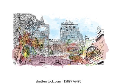 Building view with landmark of Evora is the capital of Portugal's south-central Alentejo region. Watercolor splash with hand drawn sketch illustration in vector.