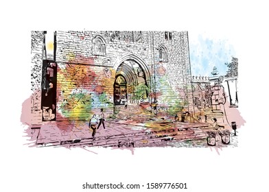 Building view with landmark of Evora is the capital of Portugal's south-central Alentejo region. Watercolor splash with hand drawn sketch illustration in vector.