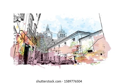 Building view with landmark of Evora is the capital of Portugal's south-central Alentejo region. Watercolor splash with hand drawn sketch illustration in vector.