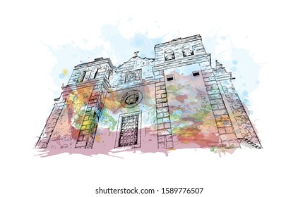 Building view with landmark of Evora is the capital of Portugal's south-central Alentejo region. Watercolor splash with hand drawn sketch illustration in vector.