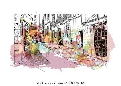 Building view with landmark of Evora is the capital of Portugal's south-central Alentejo region. Watercolor splash with hand drawn sketch illustration in vector.