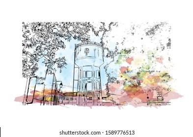 Building view with landmark of Evora is the capital of Portugal's south-central Alentejo region. Watercolor splash with hand drawn sketch illustration in vector.