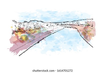 Building view with landmark of Exeter is an ancient city on the River Exe in southwest England. Watercolor splash with Hand drawn sketch illustration in vector.