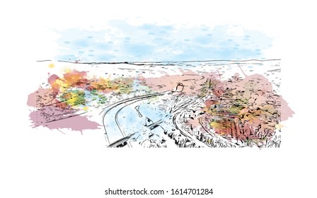 Building view with landmark of Exeter is an ancient city on the River Exe in southwest England. Watercolor splash with Hand drawn sketch illustration in vector.