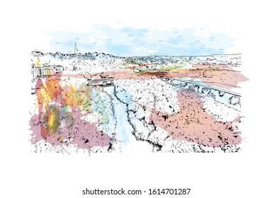 Building view with landmark of Exeter is an ancient city on the River Exe in southwest England. Watercolor splash with Hand drawn sketch illustration in vector.