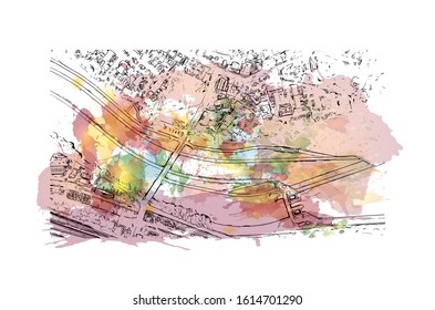 Building view with landmark of Exeter is an ancient city on the River Exe in southwest England. Watercolor splash with Hand drawn sketch illustration in vector.