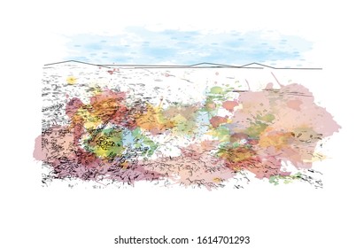 Building view with landmark of Exeter is an ancient city on the River Exe in southwest England. Watercolor splash with Hand drawn sketch illustration in vector.
