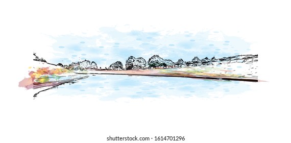 Building view with landmark of Exeter is an ancient city on the River Exe in southwest England. Watercolor splash with Hand drawn sketch illustration in vector.