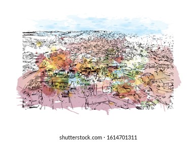 Building view with landmark of Exeter is an ancient city on the River Exe in southwest England. Watercolor splash with Hand drawn sketch illustration in vector.