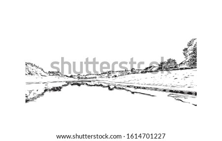 Building view with landmark of Exeter is an ancient city on the River Exe in southwest England. Hand drawn sketch illustration in vector.