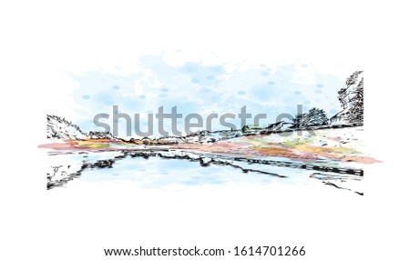 Building view with landmark of Exeter is an ancient city on the River Exe in southwest England. Watercolor splash with Hand drawn sketch illustration in vector.