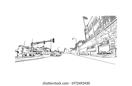 Building view with landmark of Fargo is a city in North Dakota. Hand drawn sketch illustration in vector.