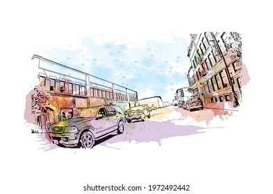 Building view with landmark of Fargo is a city in North Dakota. Watercolor splash with hand drawn sketch illustration in vector.