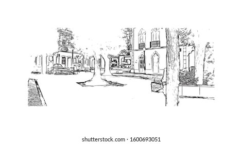 Building view with landmark of Faro is the capital of southern Portugal’s Algarve region. Hand drawn sketch illustration in vector.