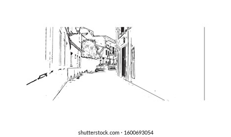Building view with landmark of Faro is the capital of southern Portugal’s Algarve region. Hand drawn sketch illustration in vector.