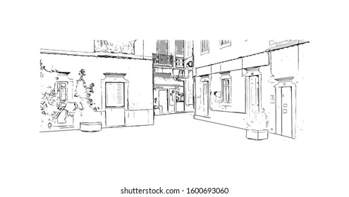 Building view with landmark of Faro is the capital of southern Portugal’s Algarve region. Hand drawn sketch illustration in vector.