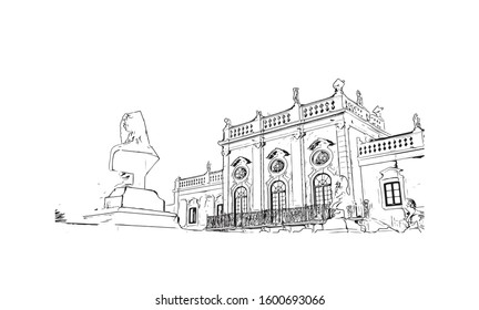 Building view with landmark of Faro is the capital of southern Portugal’s Algarve region. Hand drawn sketch illustration in vector.