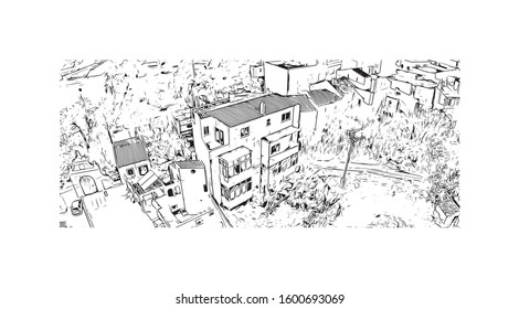 Building view with landmark of Faro is the capital of southern Portugal’s Algarve region. Hand drawn sketch illustration in vector.