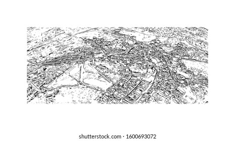 Building view with landmark of Faro is the capital of southern Portugal’s Algarve region. Hand drawn sketch illustration in vector.