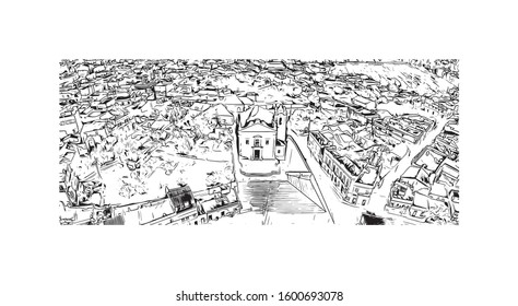 Building view with landmark of Faro is the capital of southern Portugal’s Algarve region. Hand drawn sketch illustration in vector.