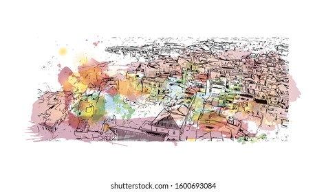 Building view with landmark of Faro is the capital of southern Portugal’s Algarve region. Watercolor splash with Hand drawn sketch illustration in vector.