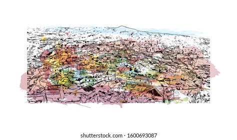 Building view with landmark of Faro is the capital of southern Portugal’s Algarve region. Watercolor splash with Hand drawn sketch illustration in vector.
