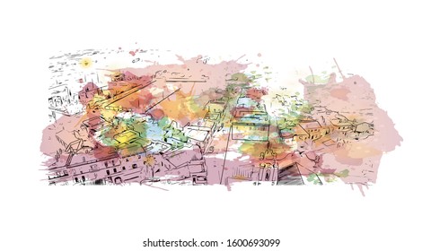 Building view with landmark of Faro is the capital of southern Portugal’s Algarve region. Watercolor splash with Hand drawn sketch illustration in vector.