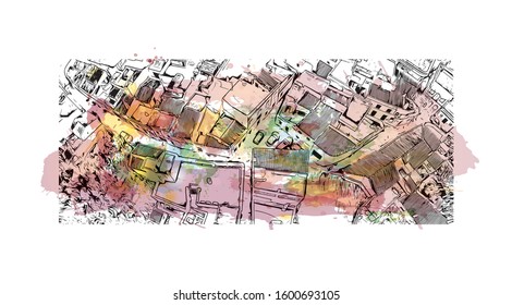 Building view with landmark of Faro is the capital of southern Portugal’s Algarve region. Watercolor splash with Hand drawn sketch illustration in vector.