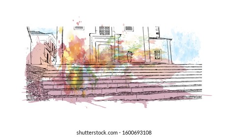 Building view with landmark of Faro is the capital of southern Portugal’s Algarve region. Watercolor splash with Hand drawn sketch illustration in vector.