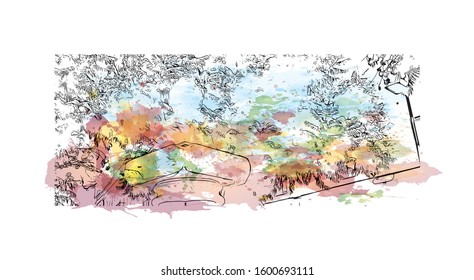 Building view with landmark of Faro is the capital of southern Portugal’s Algarve region. Watercolor splash with Hand drawn sketch illustration in vector.