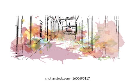 Building view with landmark of Faro is the capital of southern Portugal’s Algarve region. Watercolor splash with Hand drawn sketch illustration in vector.