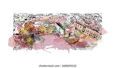 Building view with landmark of Faro is the capital of southern Portugal’s Algarve region. Watercolor splash with Hand drawn sketch illustration in vector.