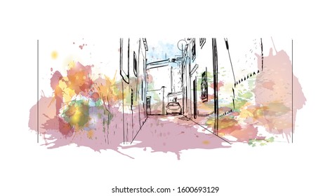 Building view with landmark of Faro is the capital of southern Portugal’s Algarve region. Watercolor splash with Hand drawn sketch illustration in vector.