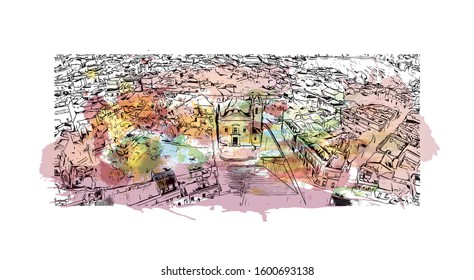 Building view with landmark of Faro is the capital of southern Portugal’s Algarve region. Watercolor splash with Hand drawn sketch illustration in vector.