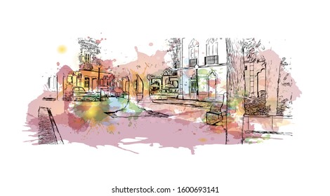 Building view with landmark of Faro is the capital of southern Portugal’s Algarve region. Watercolor splash with Hand drawn sketch illustration in vector.