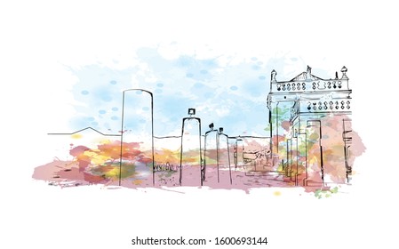 Building view with landmark of Faro is the capital of southern Portugal’s Algarve region. Watercolor splash with Hand drawn sketch illustration in vector.