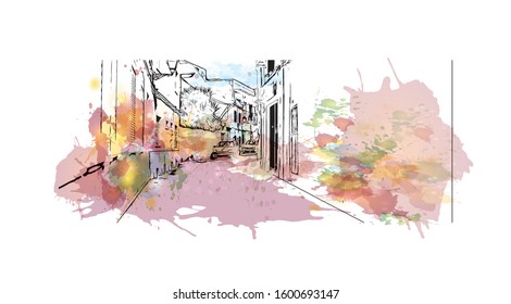 Building view with landmark of Faro is the capital of southern Portugal’s Algarve region. Watercolor splash with Hand drawn sketch illustration in vector.