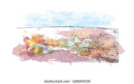 Building view with landmark of Faro is the capital of southern Portugal’s Algarve region. Watercolor splash with Hand drawn sketch illustration in vector.
