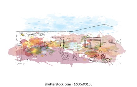 Building view with landmark of Faro is the capital of southern Portugal’s Algarve region. Watercolor splash with Hand drawn sketch illustration in vector.