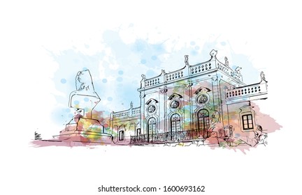 Building view with landmark of Faro is the capital of southern Portugal’s Algarve region. Watercolor splash with Hand drawn sketch illustration in vector.