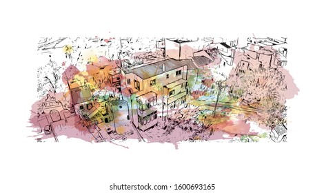 Building view with landmark of Faro is the capital of southern Portugal’s Algarve region. Watercolor splash with Hand drawn sketch illustration in vector.