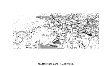 Building view with landmark of Faro is the capital of southern Portugal’s Algarve region. Hand drawn sketch illustration in vector.