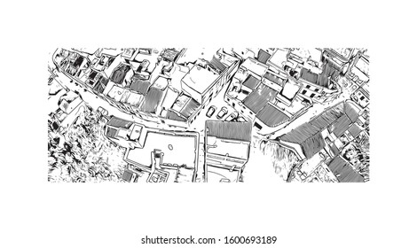 Building view with landmark of Faro is the capital of southern Portugal’s Algarve region. Hand drawn sketch illustration in vector.