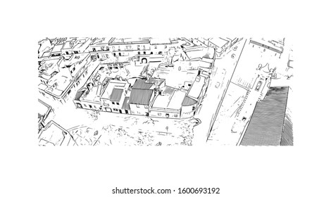 Building view with landmark of Faro is the capital of southern Portugal’s Algarve region. Hand drawn sketch illustration in vector.